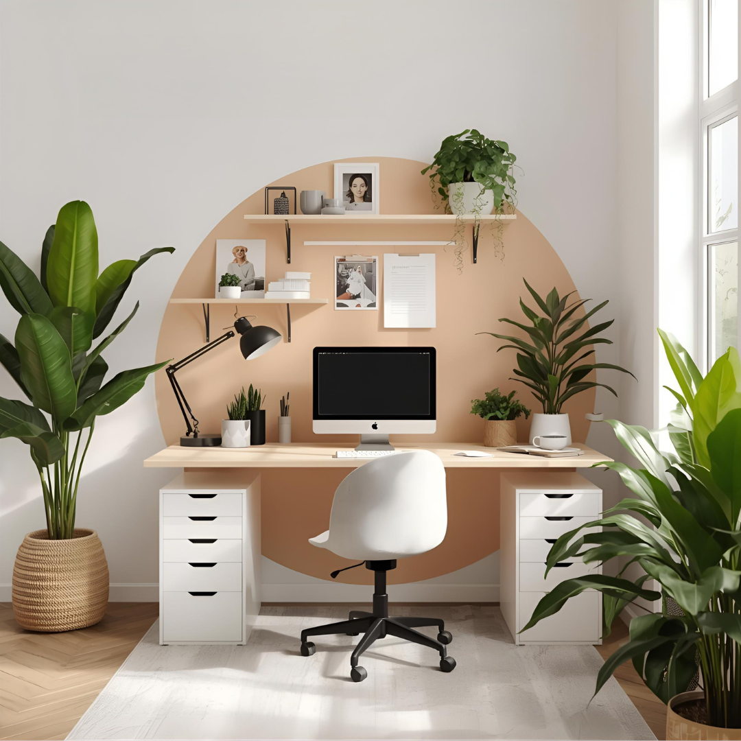 Modern workspace interior design UAE with natural decor and plants.