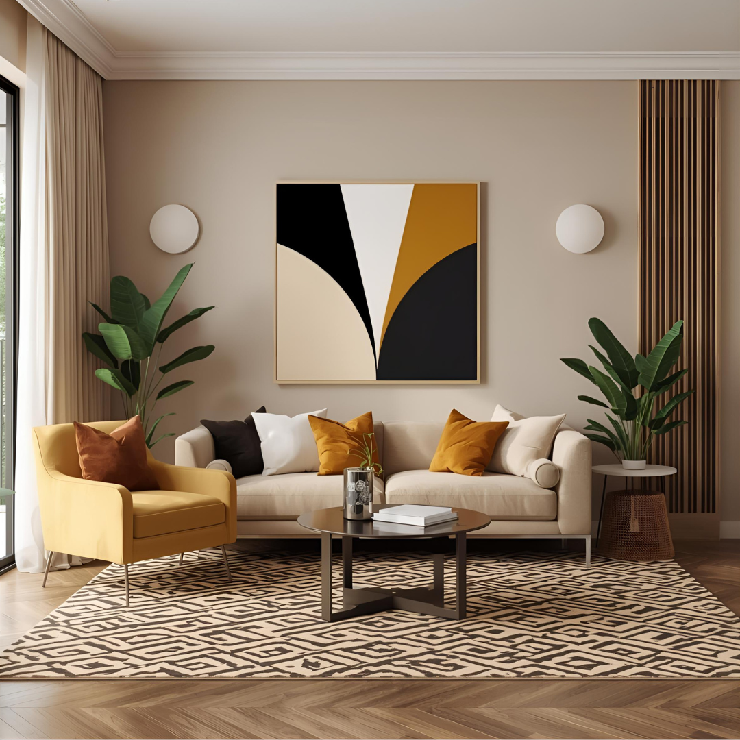 UAE interior design trend with earthy tones and natural wood accents.