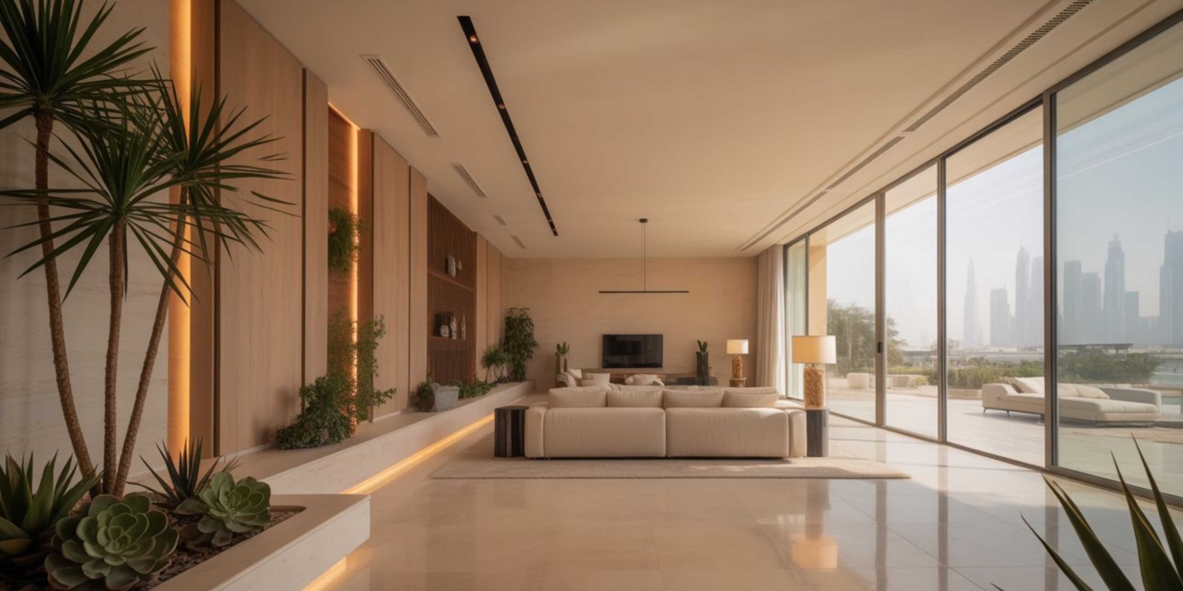 modern uae home interior design with natural tones and smart features