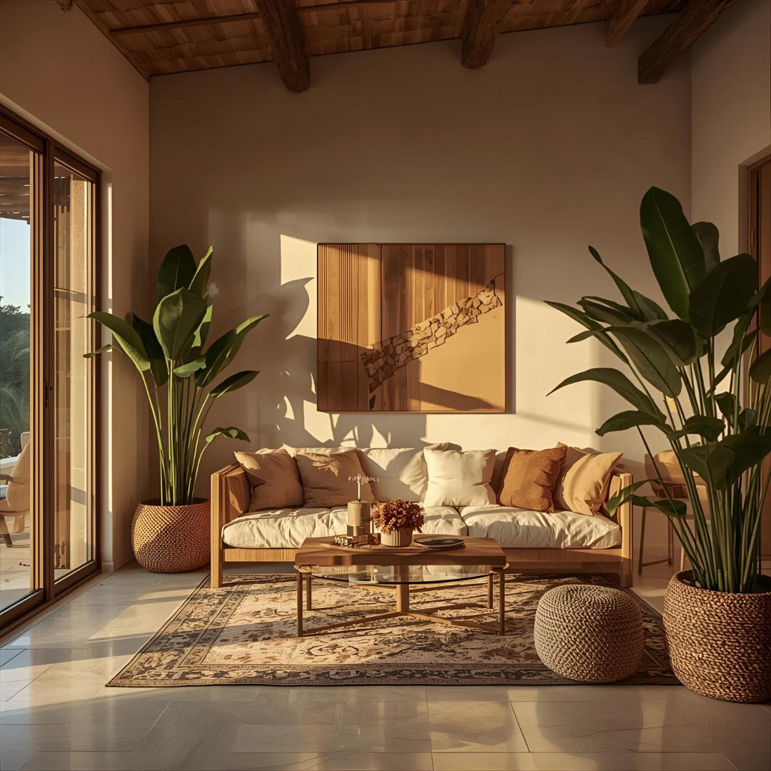 cozy villa living space with large plants